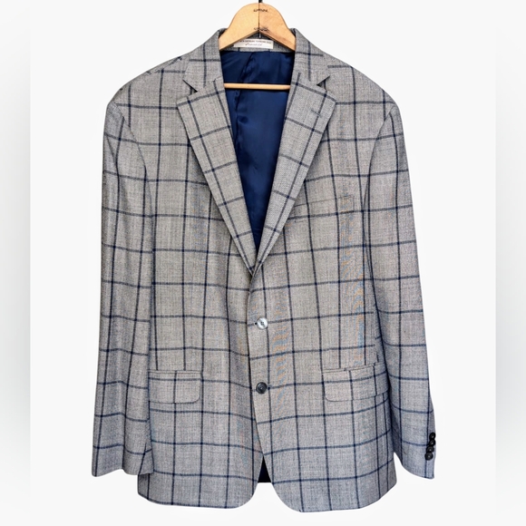Williams & Kent Blazer Wool Silk Blend Window Pane Plaid Navy Blue Gray Mens 44R - Picture 1 of 7